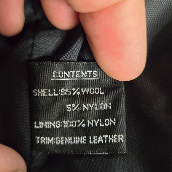 90s Vintage Black Wool Blend Toggle Closure Leather Trim Overcoat Size Medium - Picture 9 of 13